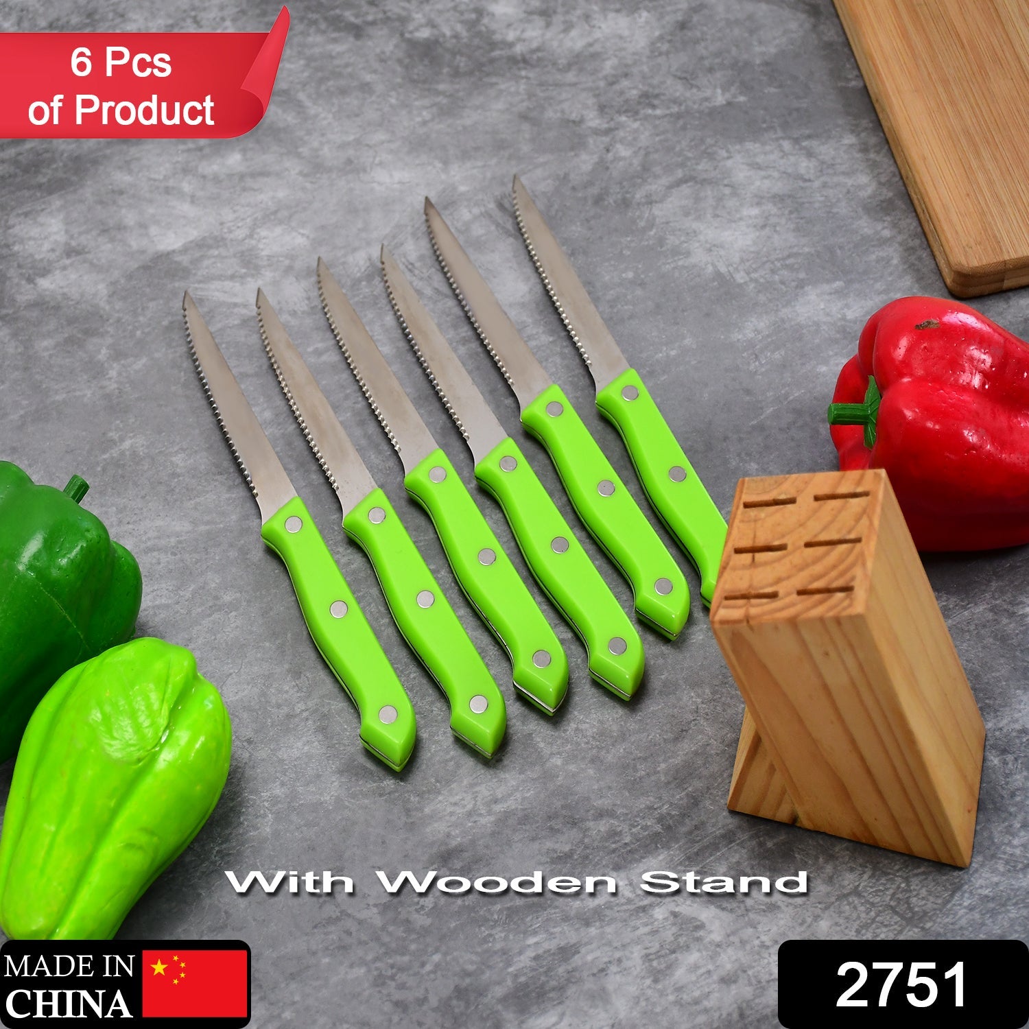 2751 6in1 Multipurpose Stainless Steel Fine Edge Knife Set with Perfect Grip Handle And Wooden Stand for Home Kitchen Knives Set Combo DeoDap 2751 6in1 Multipurpose Stainless Steel Fine Edge Knife Set with Perfect Grip Handle And Wooden Stand for Home Kitchen Knives Set Combo DeoDap
